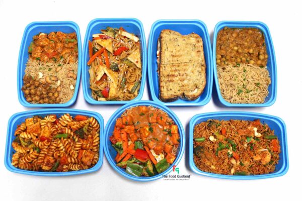 Clockwise from top right: Chickpea Curry Meal, Paneer Biryani, Tandoori Paneer Bowl, Cajun Pasta with Veggies, Paneer & Veg Curry Meal, Spicy Sesame Tofu on Rice Noodles, Paneer Tikka Panini